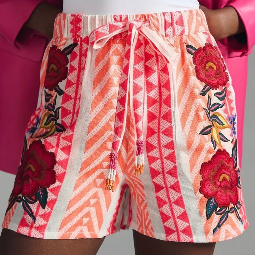 FARM Rio Pink & Coral Embroidered High-Waist Shorts